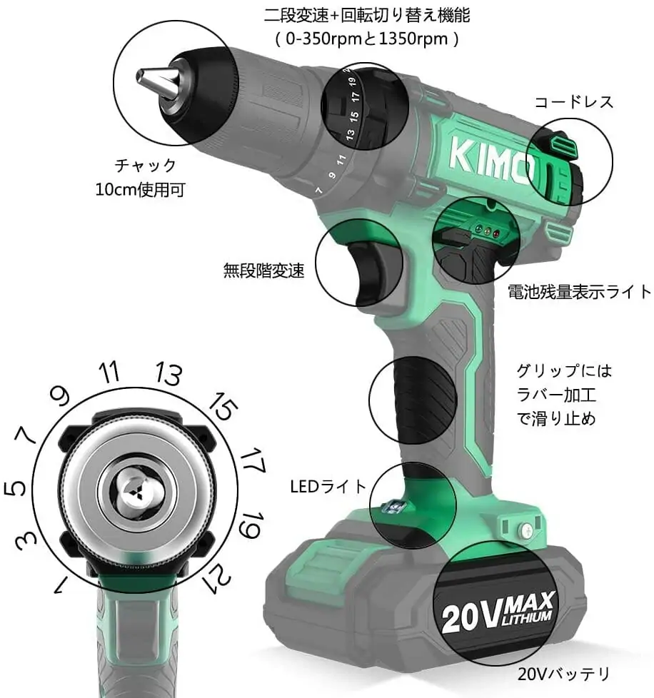 当社の KIMO 電動ドライバー コードレス 初心者向け 12Vドリルドライバー 充電式 最大21N m 18 1段階トルク調節 ネジ締め 穴あけ  DI